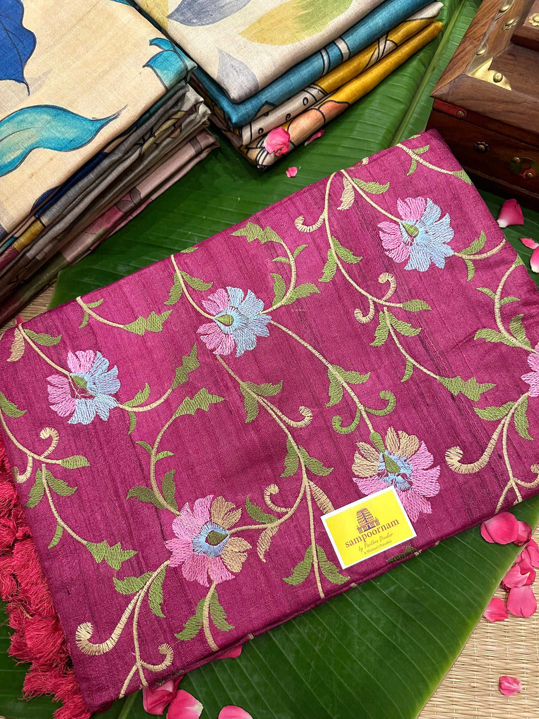 Floral Embroided Magenta Pure Tussar Silk Saree with Handblock Printed Pallu and Borders