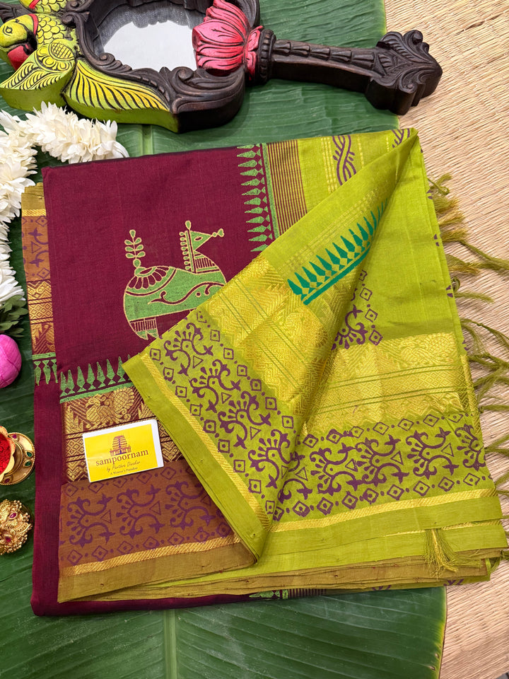 Maroon with green , terracotta hand block printed silk cotton saree