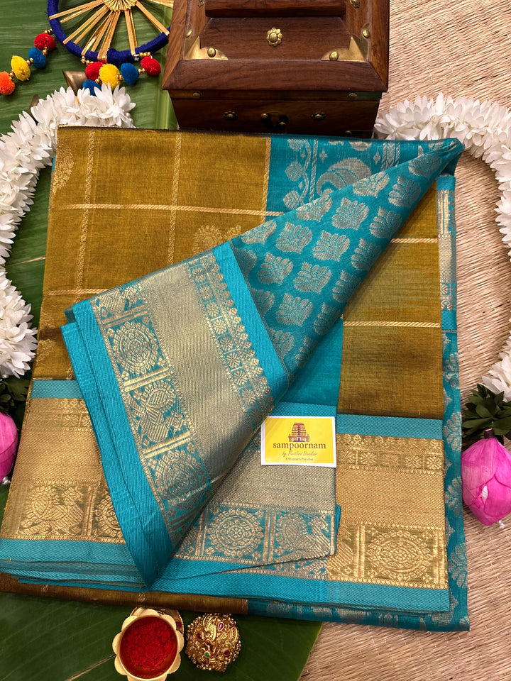 Mehandi Green with Turquoise Blue Mayil Chakram Silk Cotton Saree