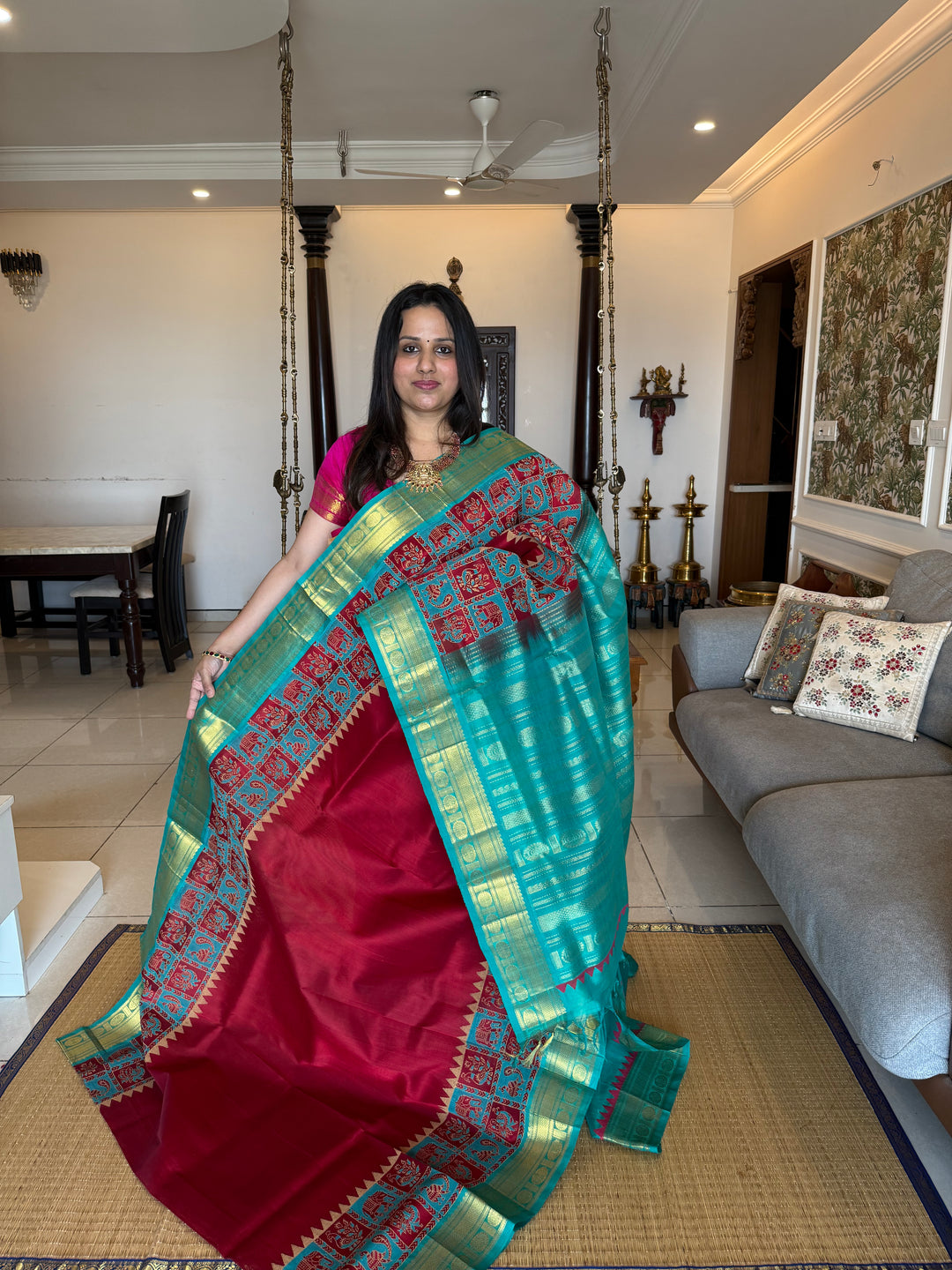 Red with Turquoise Blue Traditional Border and Rich Pallu ,Border Annam and Elephant Printed Silk Cotton Saree