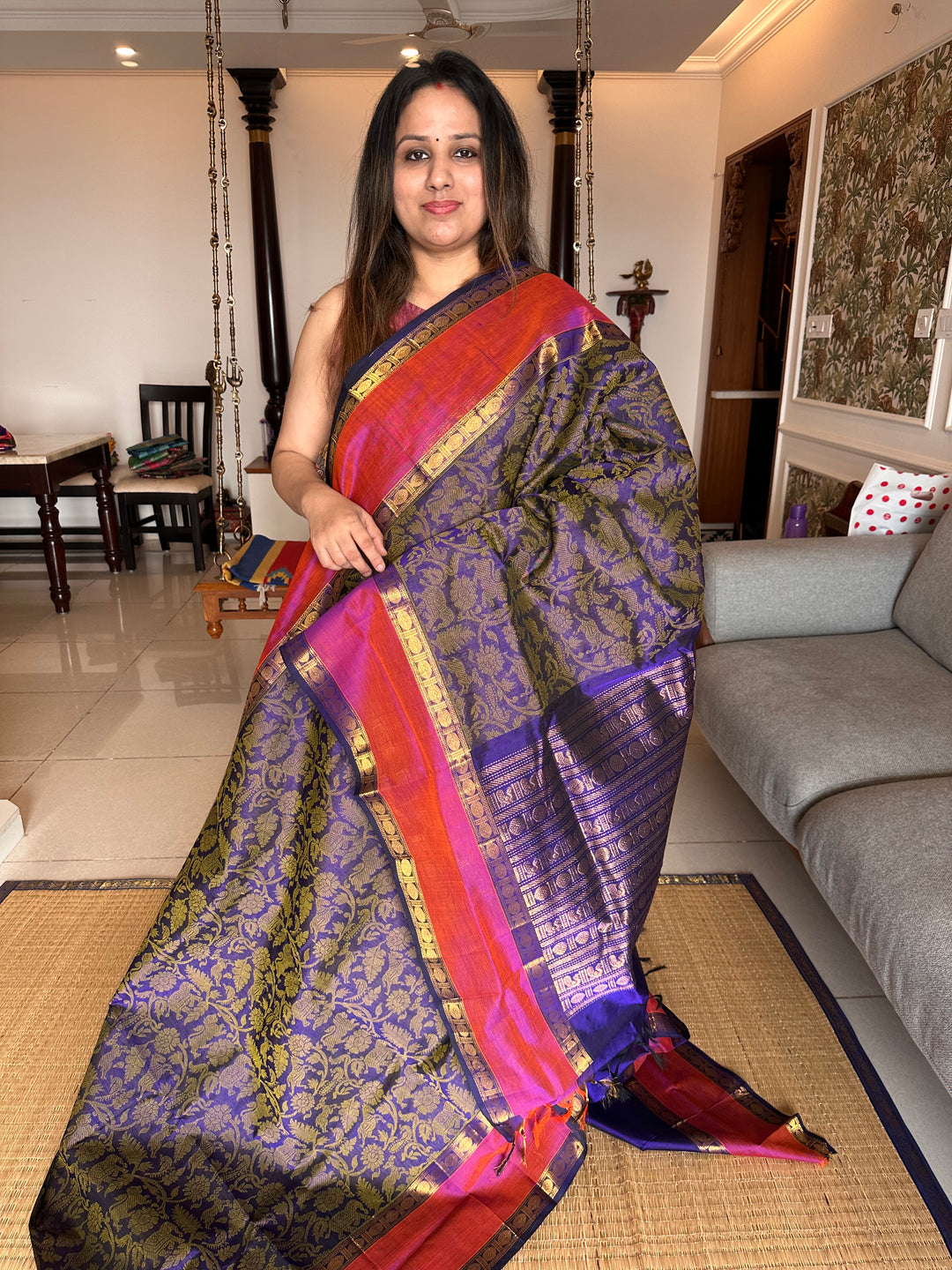 Blue with Double shade Purple Pink Vanasingaram Silk Cotton Saree