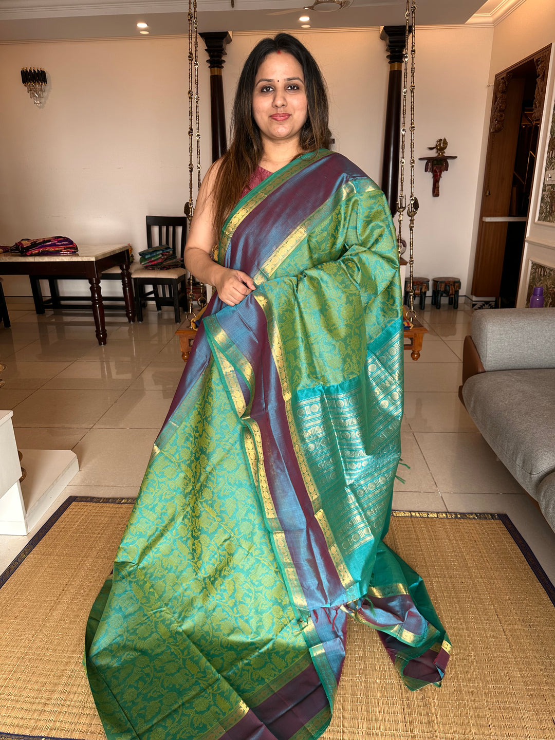 Rexona Green with Blue Vanasingaram Silk Cotton Saree