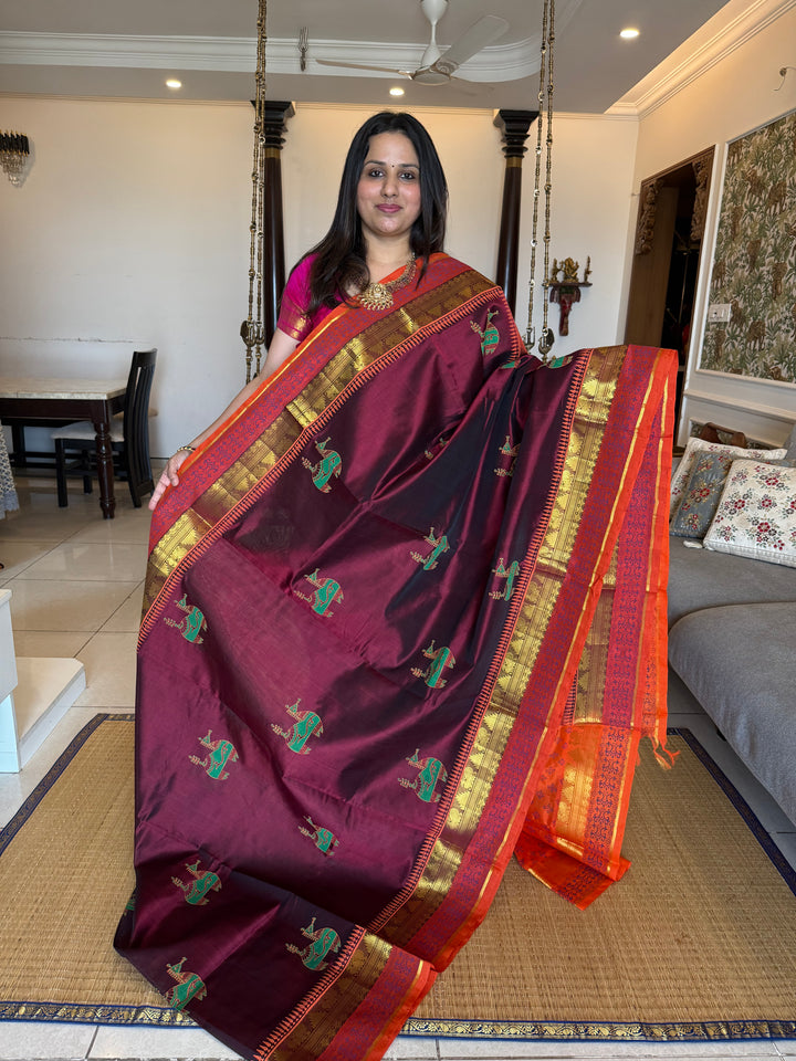 Maroon with orange , terracotta horse hand block printed silk cotton saree