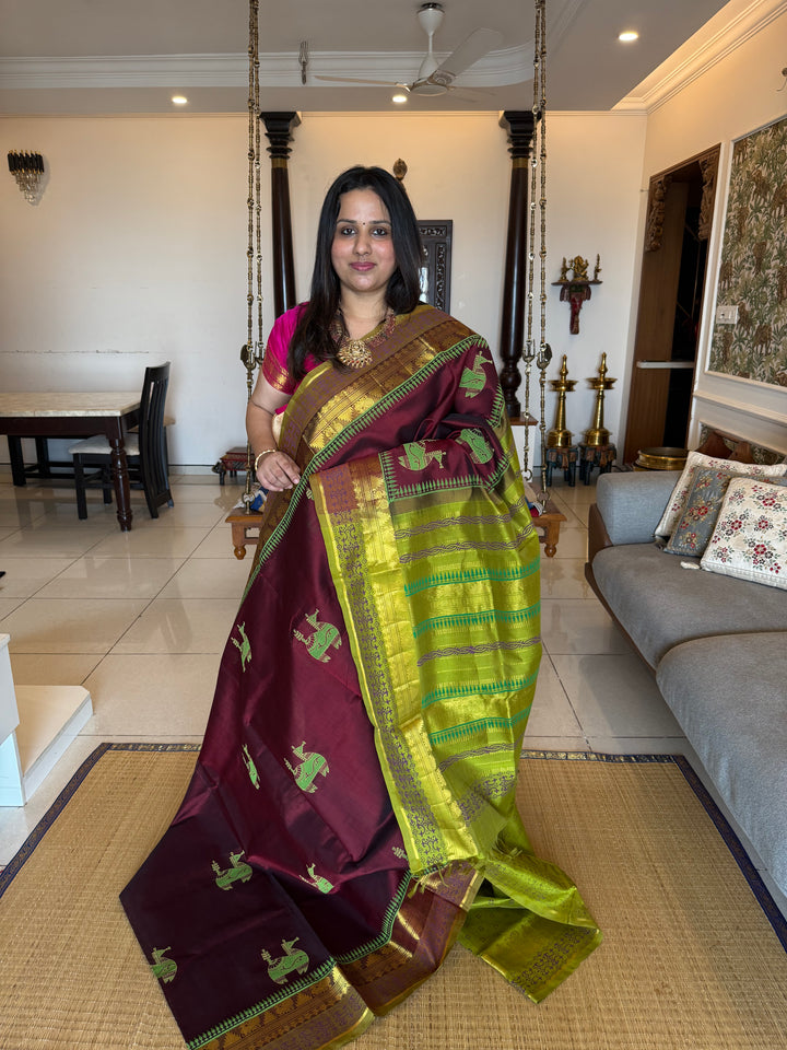 Maroon with green , terracotta hand block printed silk cotton saree