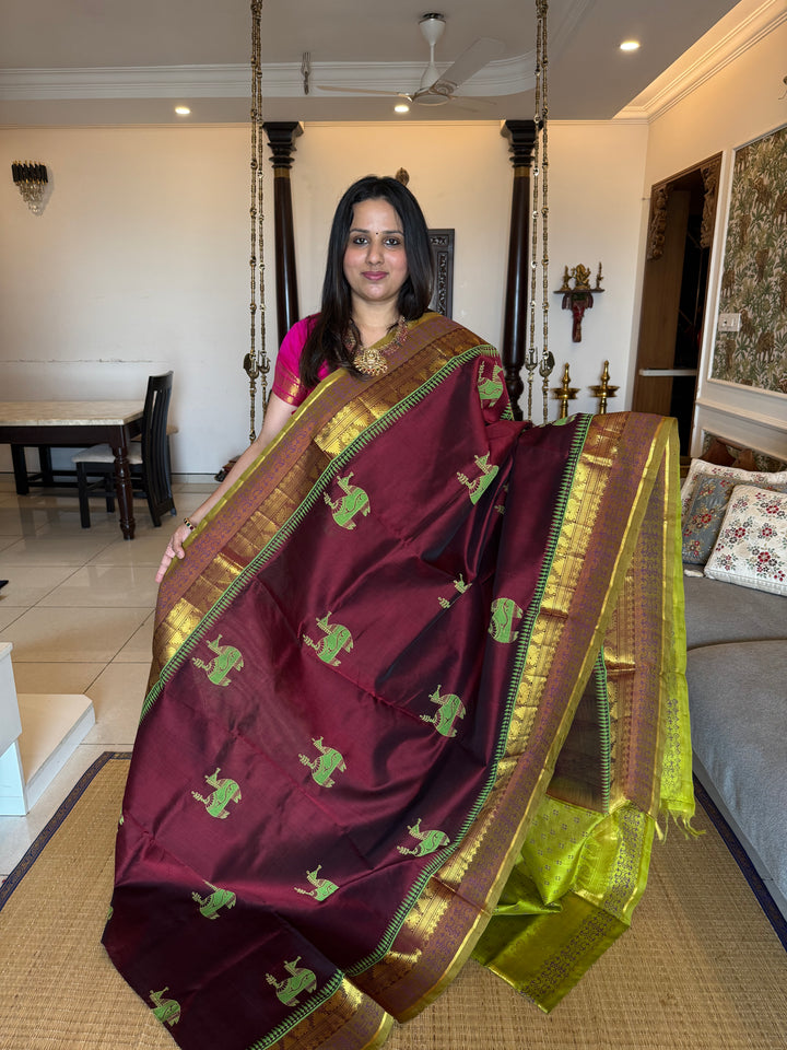 Maroon with green , terracotta hand block printed silk cotton saree