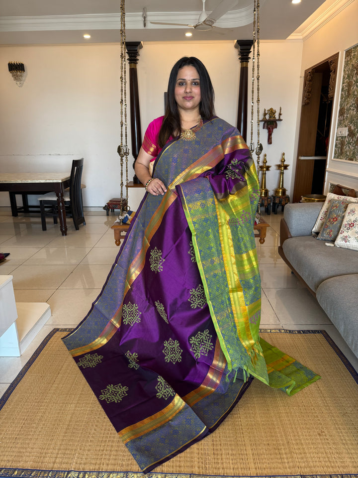 Purple with Green Traditional Border and Pallu Kolam Handblock Printed Silk Cotton Saree