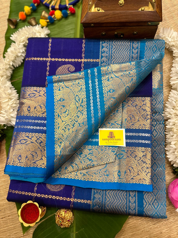 Blue with Blue one side big border Mayil Chakram Silk Cotton Saree