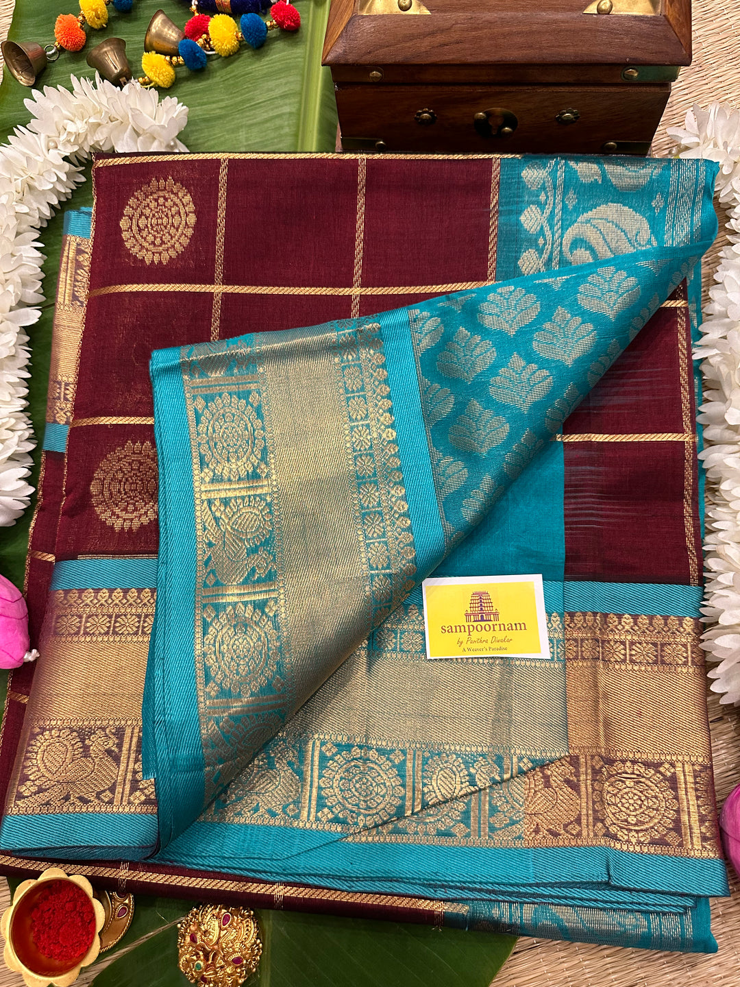 Maroonish Brown with Turquoise Blue Mayil Chakram Silk Cotton Saree
