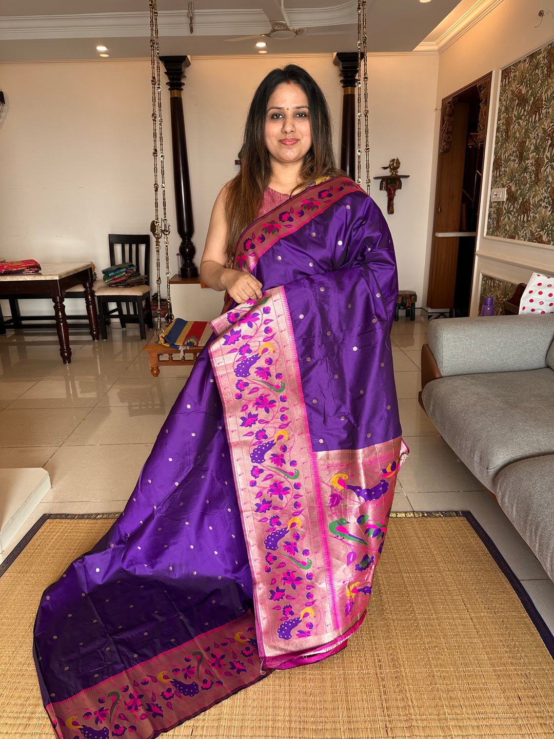 Purple With Pink Big Muniya Border, Zari Peacock and Parrot Design, Heavy Meena Zari Pallu