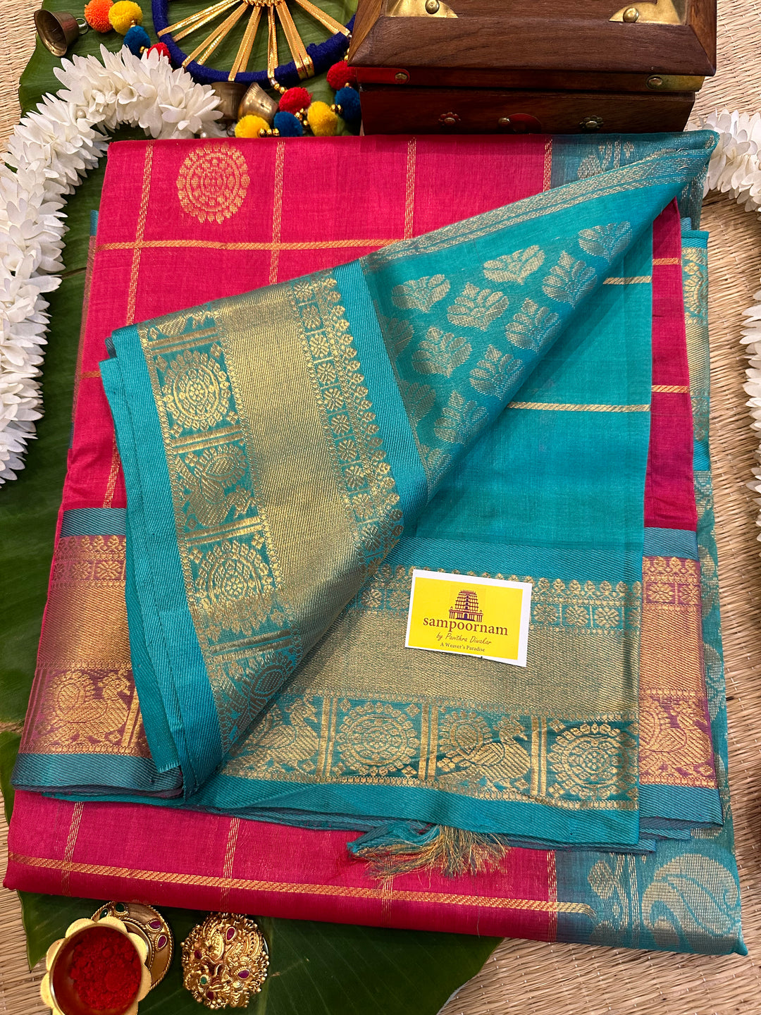 Lotus Pink with Turquoise Blue Mayil Chakram Silk Cotton Saree