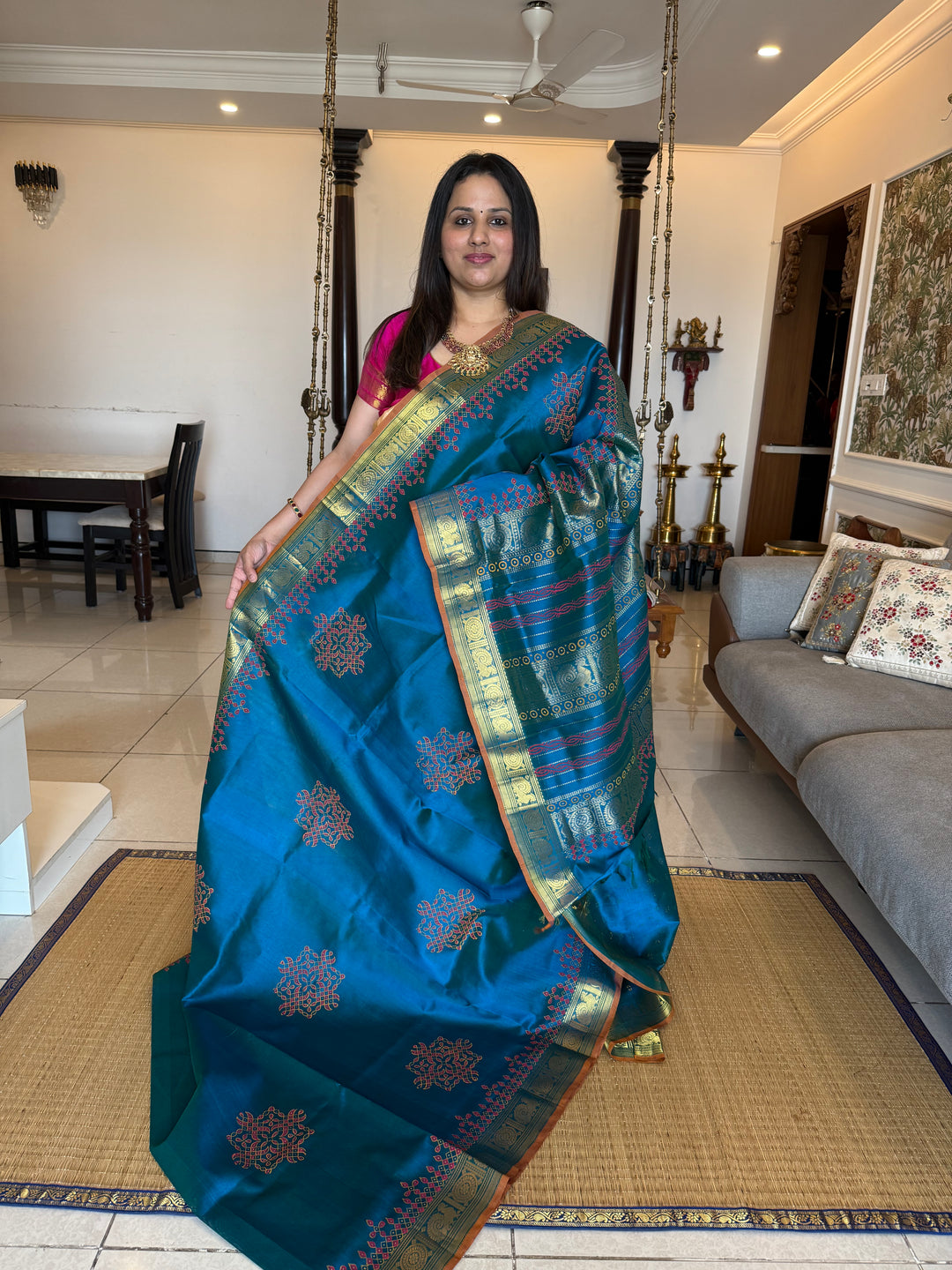 Rama blue with orange selvedge ,Traditional Border and Pallu Kolam Handblock Printed Silk Cotton Saree