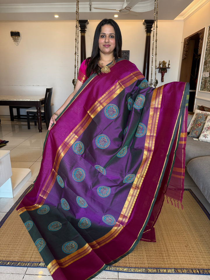 Purple with magentha , annam hand block printed silk cotton saree