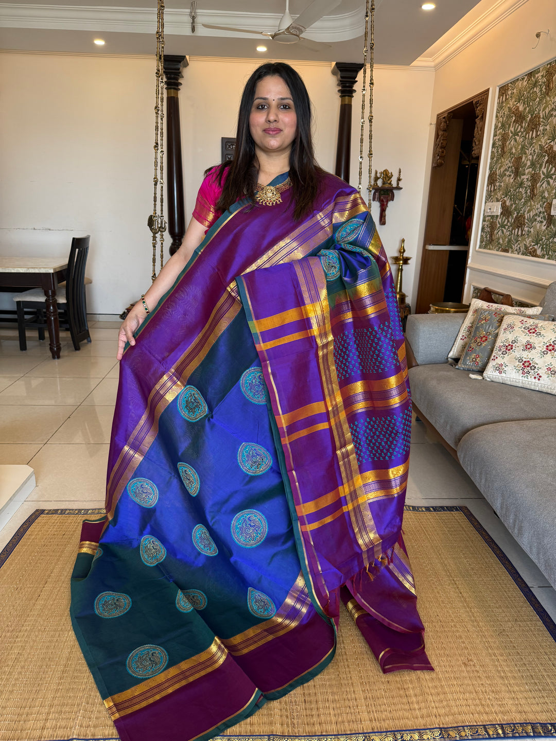 Mayil kazuthu blue with purple , annam hand block printed silk cotton saree