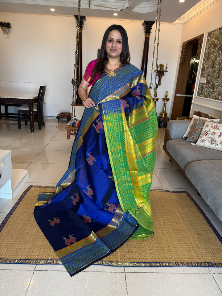 Ms blue with green,terracotta horse hand block printed silk cotton saree