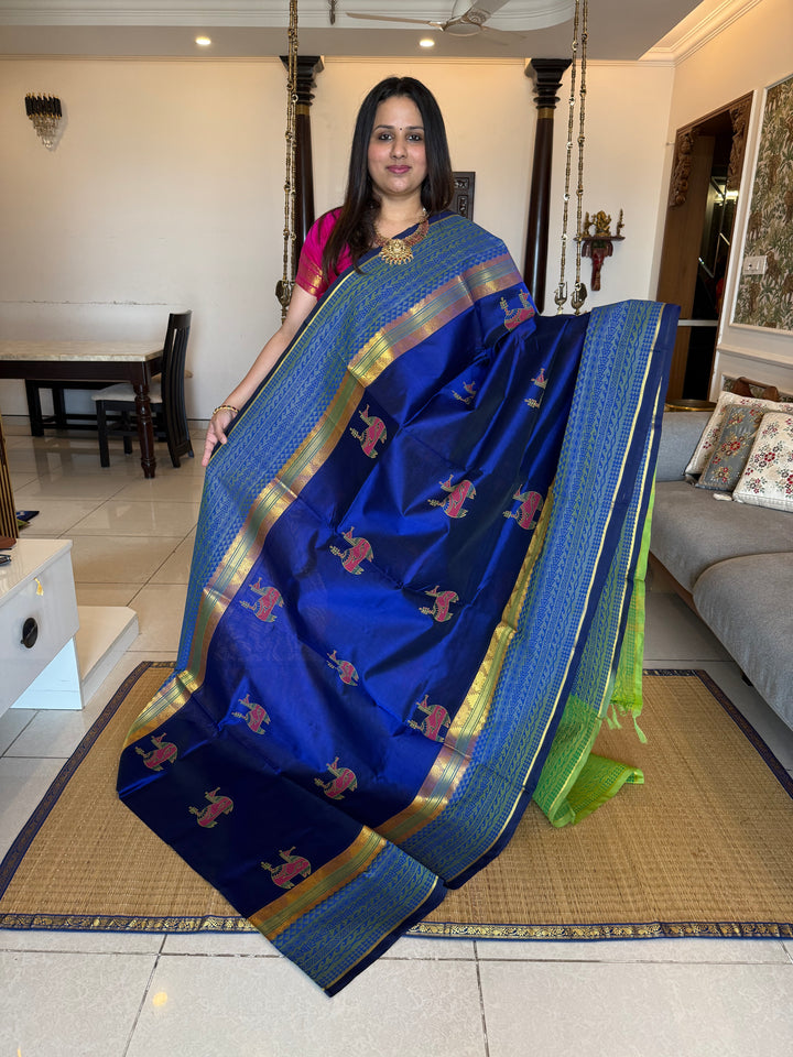Ms blue with green,terracotta horse hand block printed silk cotton saree