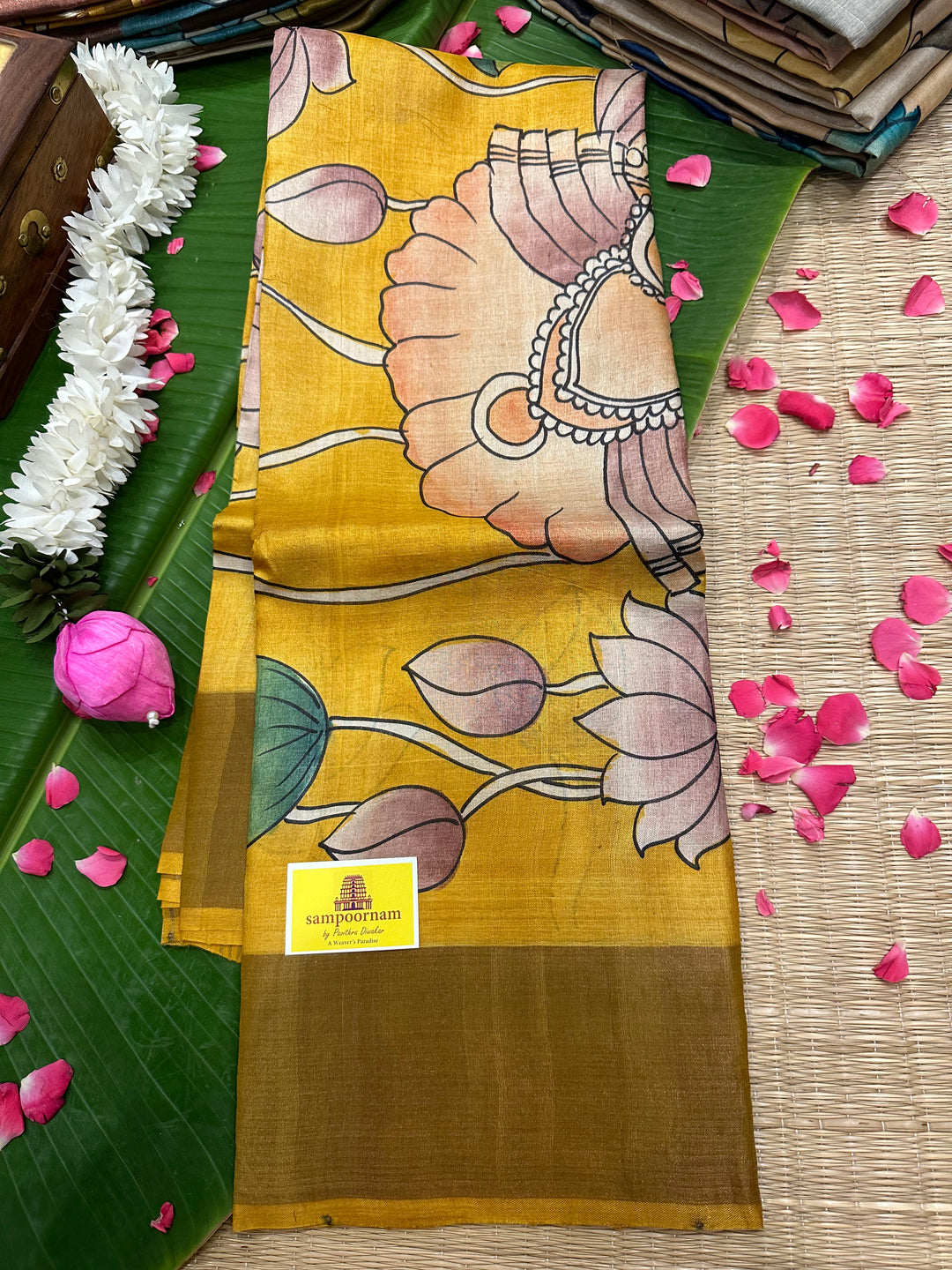 Mustard Colour Saree with Pichwai Lotus Motifs in Body , Pichwai Cow and Lord Krish Painting in Pallu,  Handpainted Pure Tussar Silk Saree