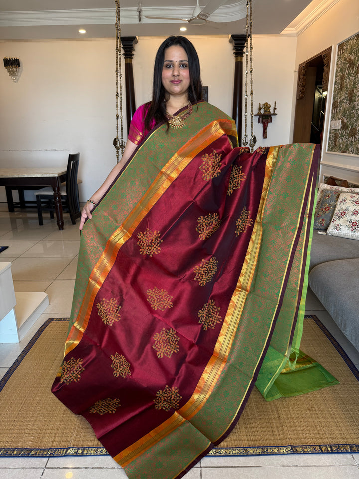 Brick Red with Green Traditional Border and Pallu ,Kolam Handblock Printed Silk Cotton Saree