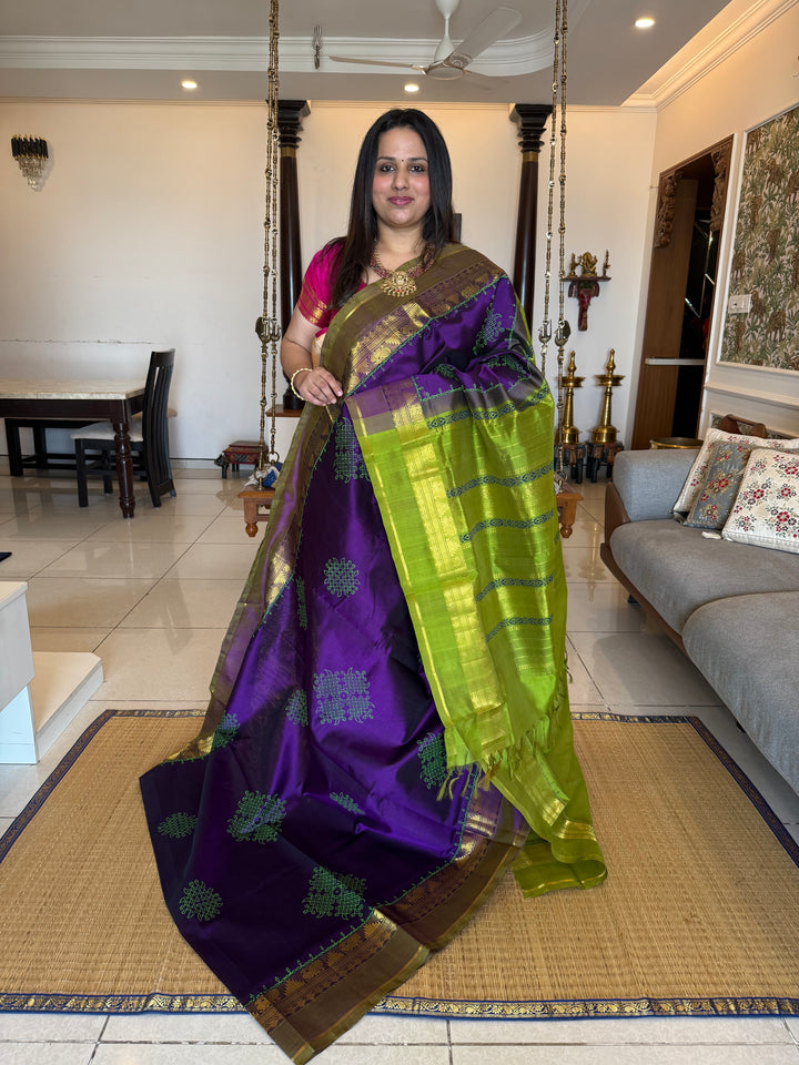Purple with green Traditional Border and Pallu Kolam Handblock Printed Silk Cotton Saree