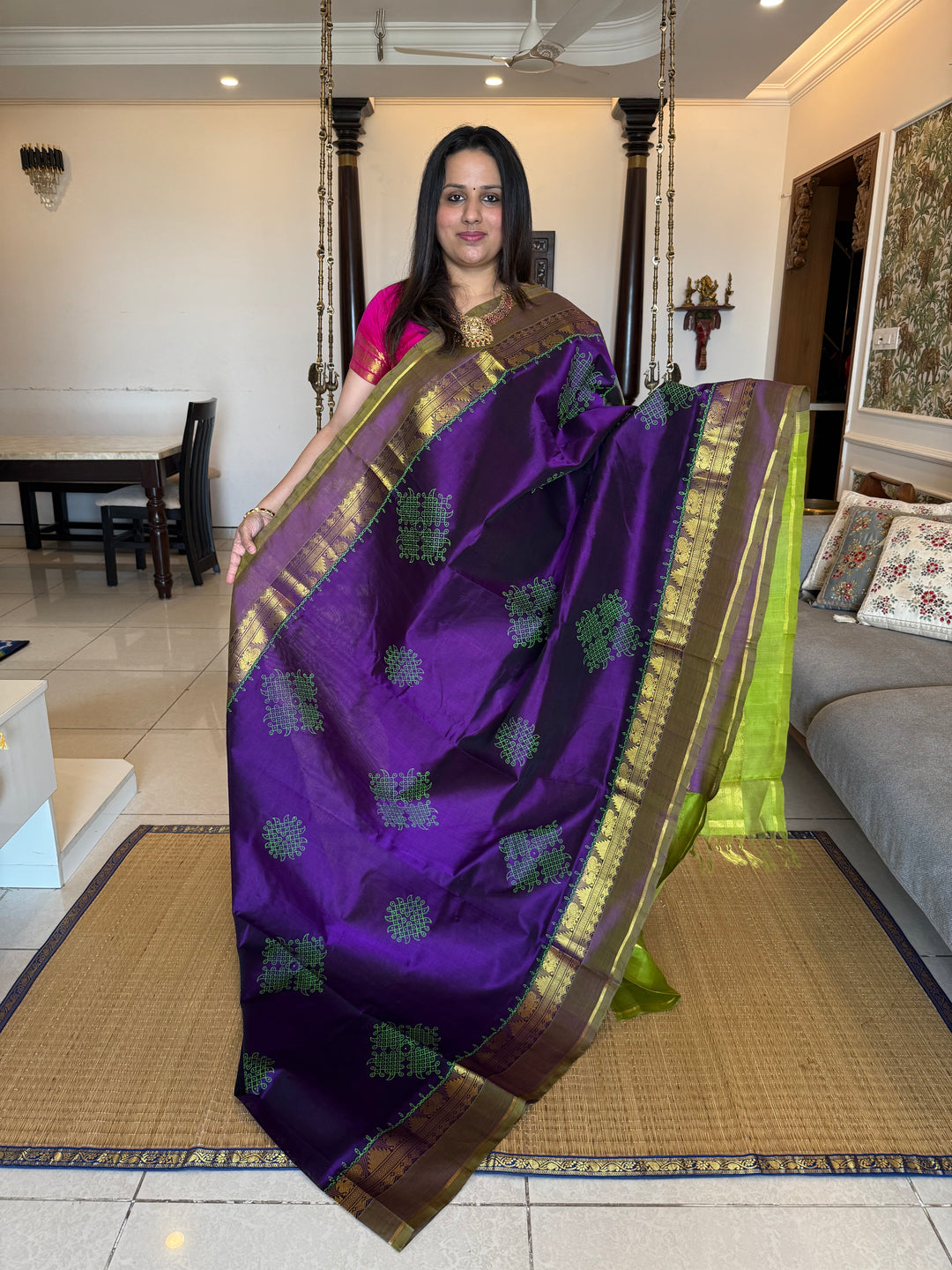 Purple with Green Traditional Border and Pallu Kolam Handblock Printed Silk Cotton Saree