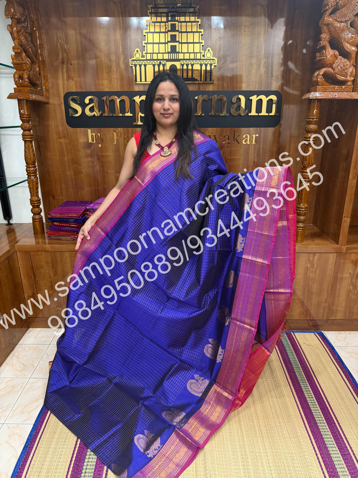 Blue with Magenta  Annam motif , zari buttu in the borders , zari checks in the body and rich Pallu Silk Cotton Saree