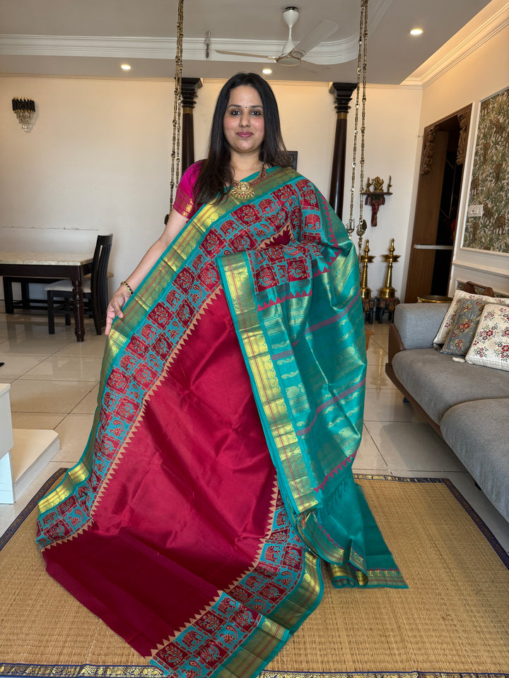 Red with Turquoise Blue, Traditional Border and Rich Pallu ,Annam and Elephant Handblock Printed Borders, Korvai Silk Cotton Saree