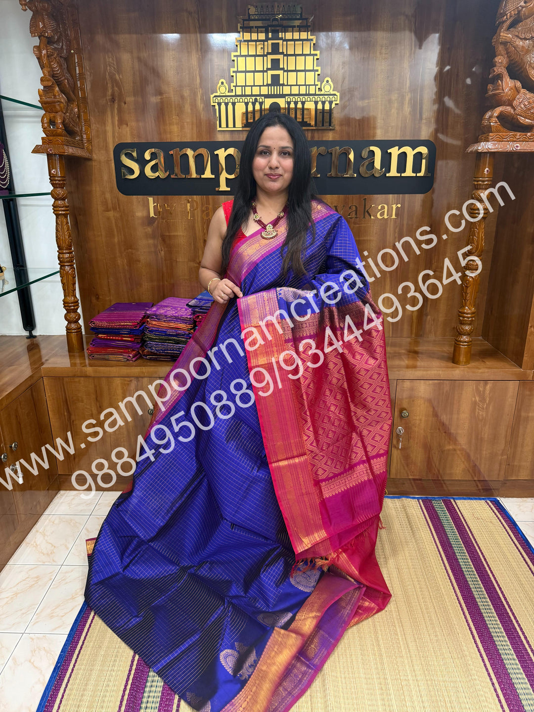 Blue with Magenta  Annam motif , zari buttu in the borders , zari checks in the body and rich Pallu Silk Cotton Saree