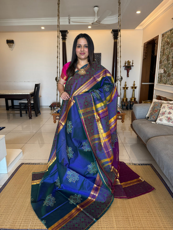 Mayilkazuthu Colour with Purple Traditional Border and Pallu , Kolam Handblock Printed Silk Cotton Saree