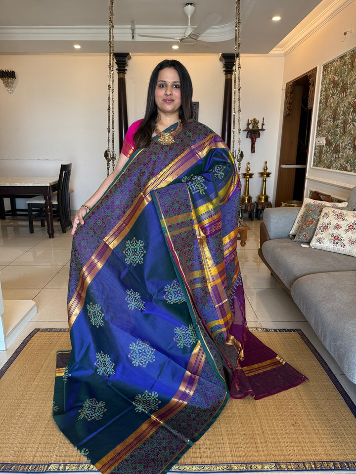 Mayilkazuthu Colour with Purple Traditional Border and Pallu , Kolam Handblock Printed Silk Cotton Saree