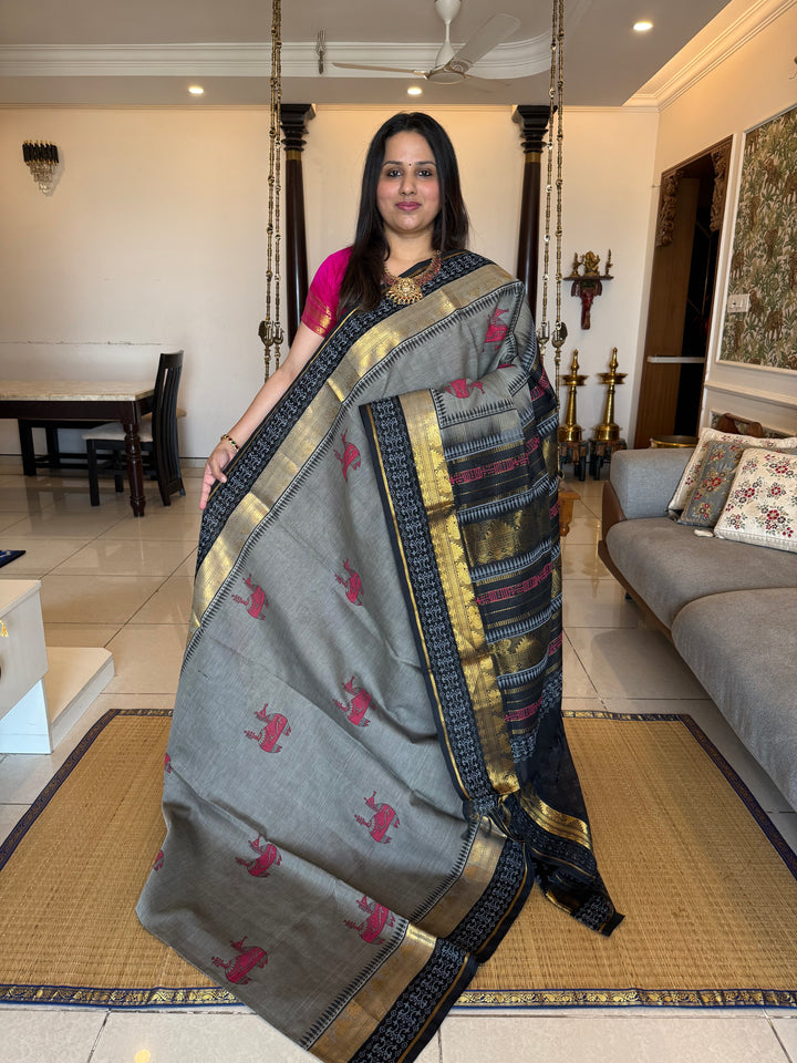 Grey with black terrocotta horse hand block printed silk cotton saree
