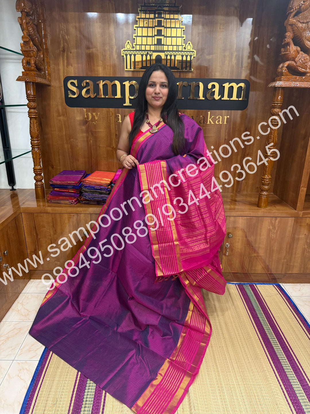Vadamalli with Magenta , rich Zari checks in the body and traditional Veldhari  border , rich Pallu Silk Cotton Saree
