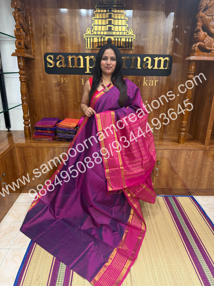 Vadamalli with Magenta , rich Zari checks in the body and traditional Veldhari  border , rich Pallu Silk Cotton Saree