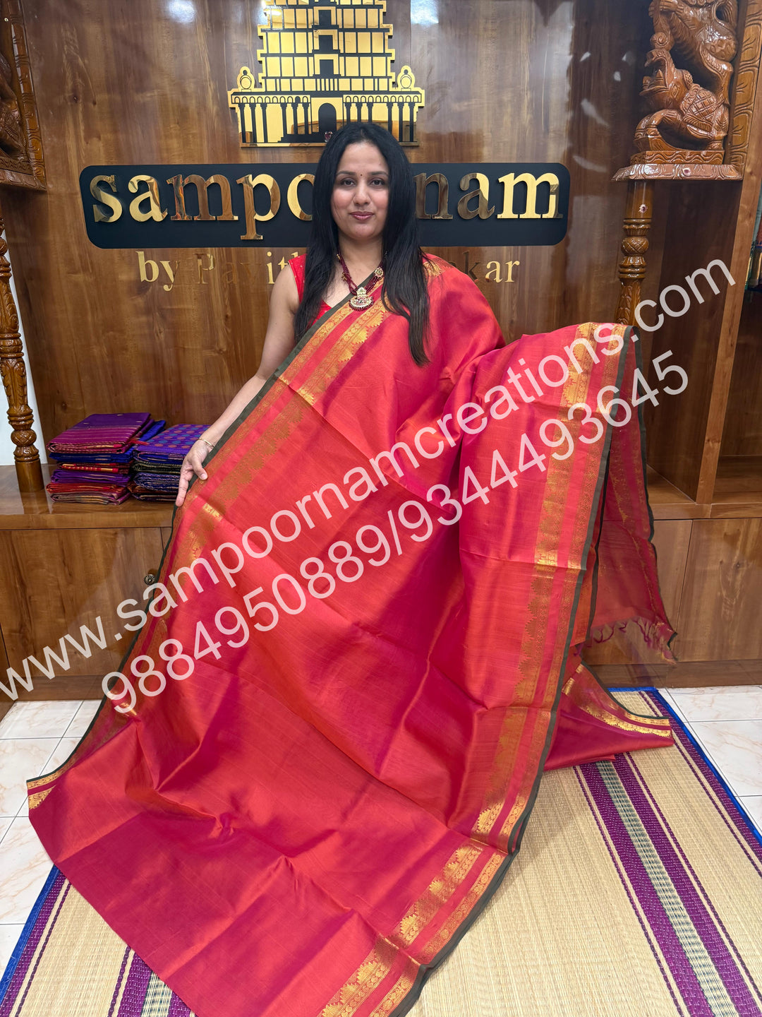 Neon Orange with Green Selvedge, rettapet border and Rich Pallu Silk Cotton Saree