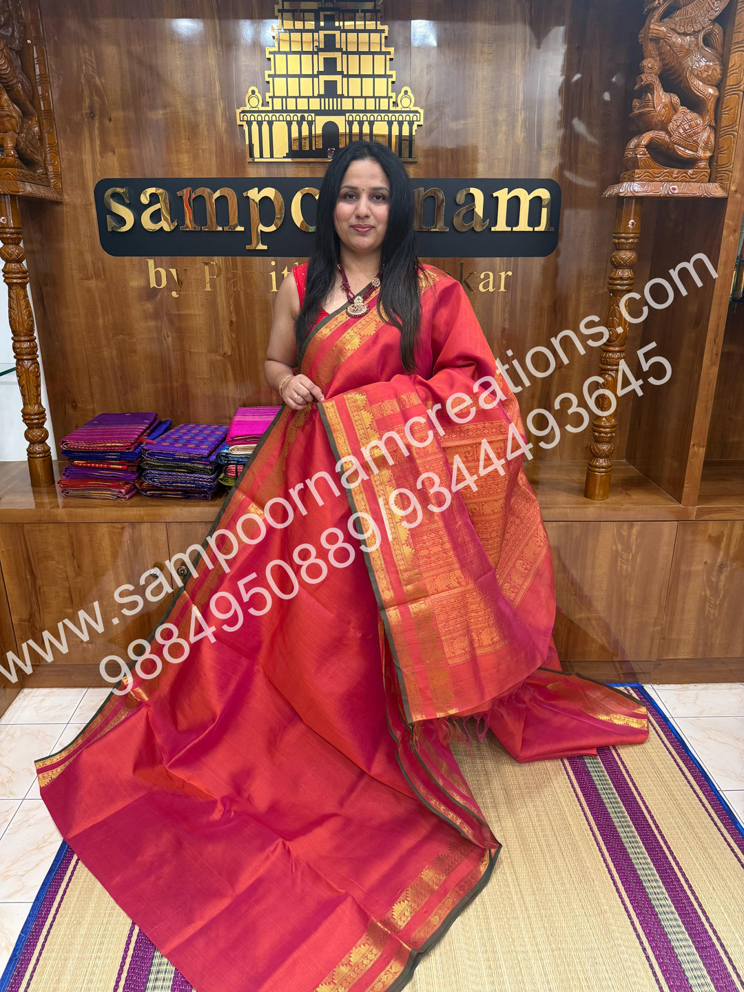 Neon Orange with Green Selvedge, rettapet border and Rich Pallu Silk Cotton Saree