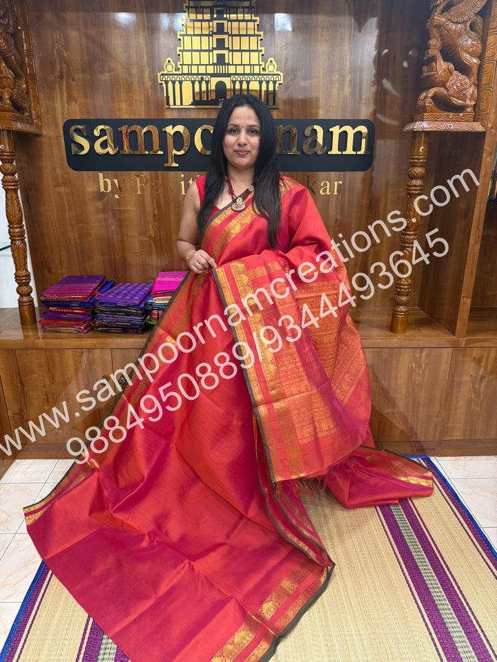 Neon Orange with Green Selvedge, rettapet border and Rich Pallu Silk Cotton Saree