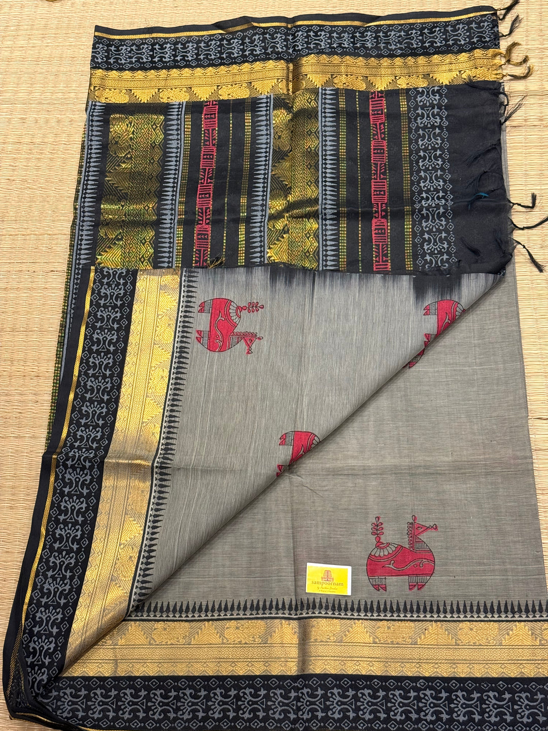 Grey with black terrocotta horse hand block printed silk cotton saree