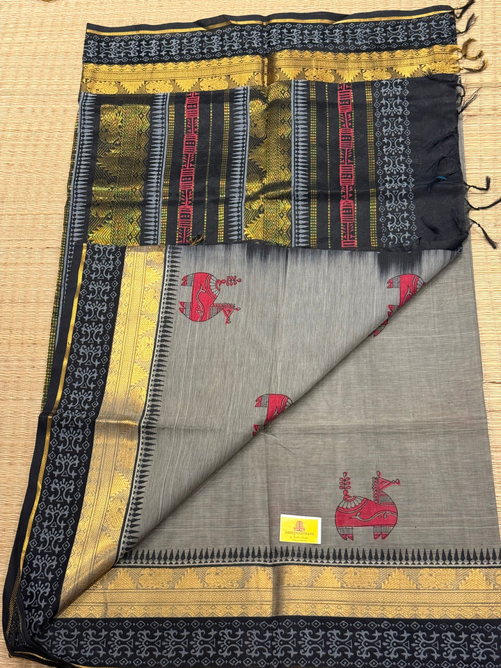 Grey with black terrocotta horse hand block printed silk cotton saree
