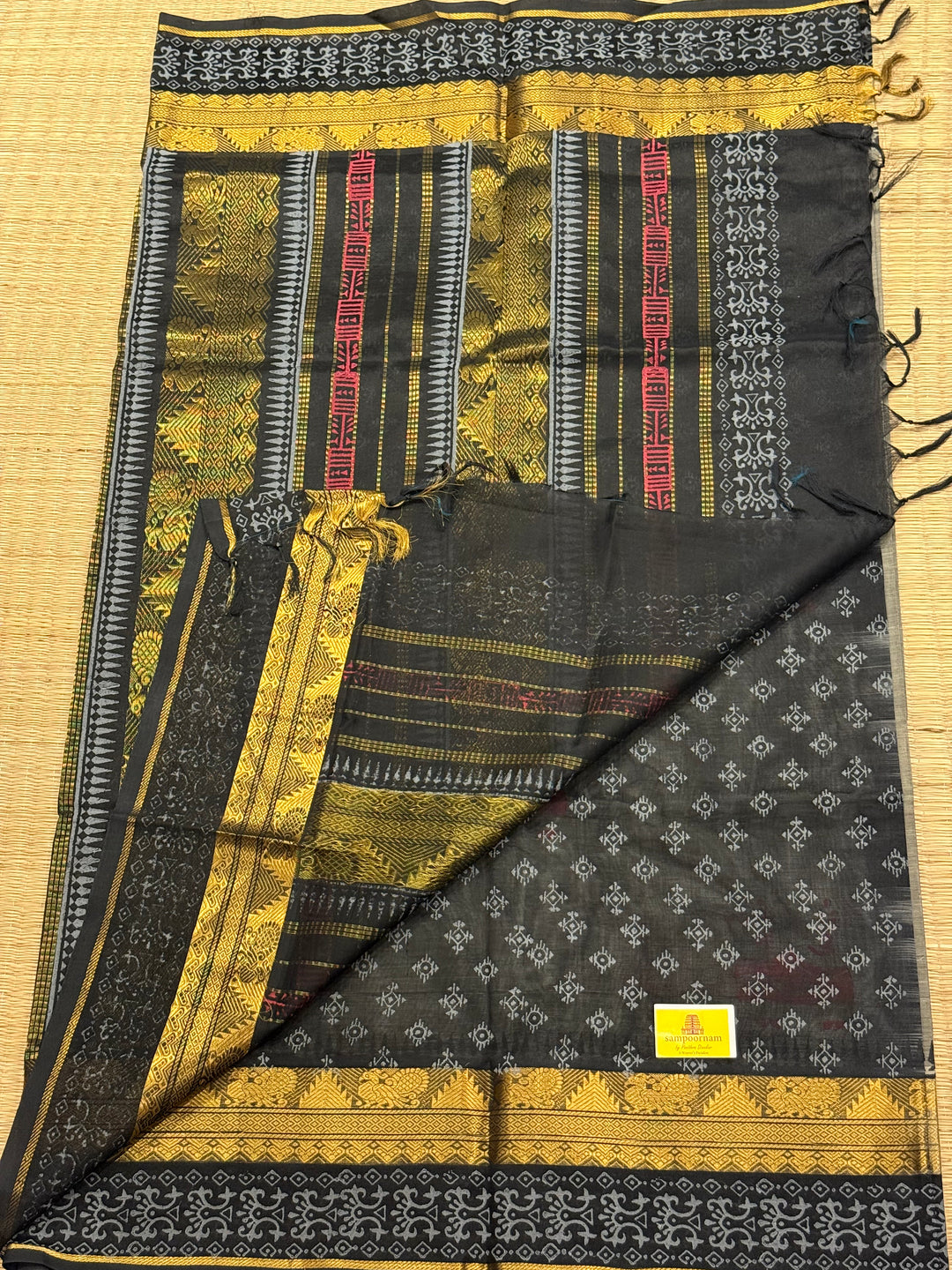 Grey with black terrocotta horse hand block printed silk cotton saree