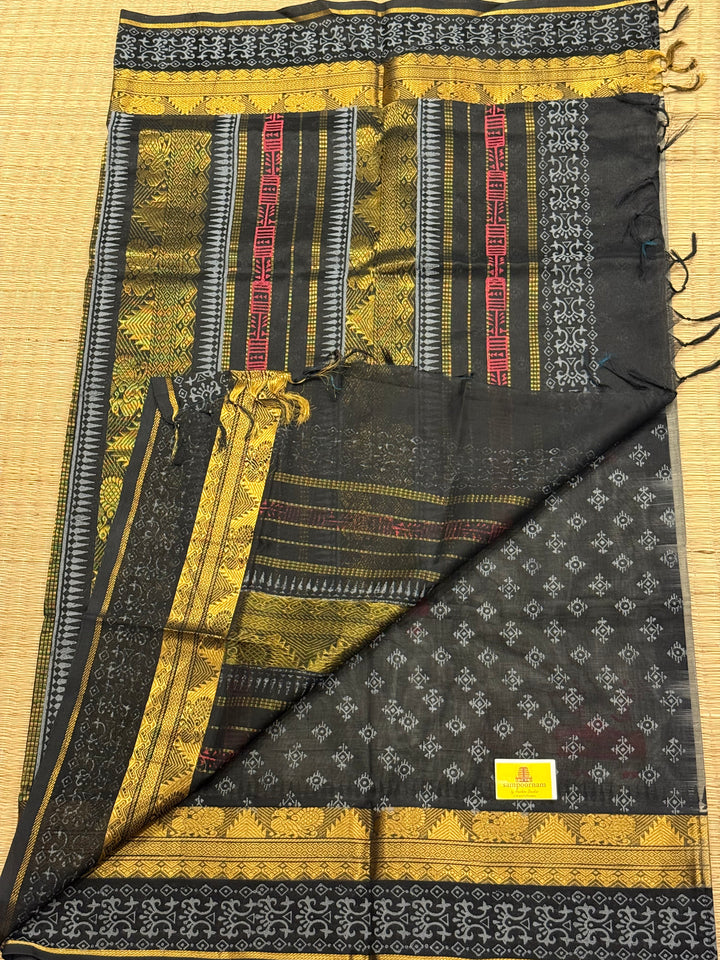 Grey with black terrocotta horse hand block printed silk cotton saree