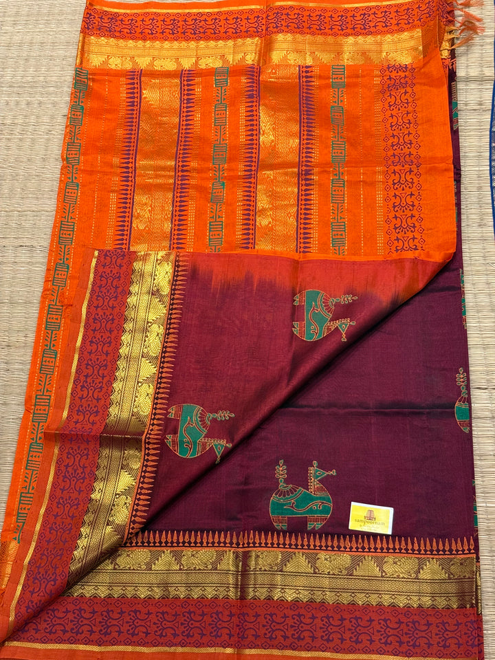 Maroon with orange , terracotta horse hand block printed silk cotton saree