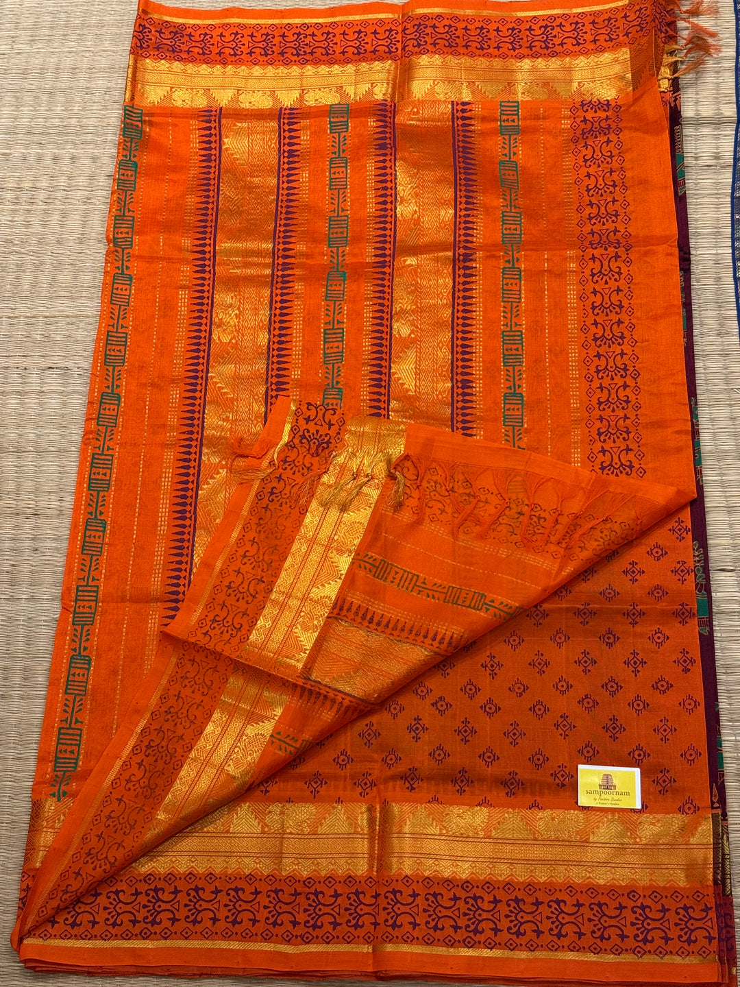 Maroon with orange , terracotta horse hand block printed silk cotton saree