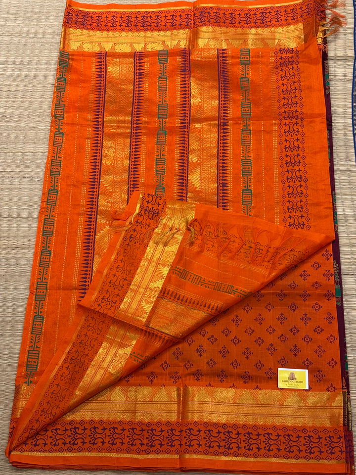 Maroon with orange , terracotta horse hand block printed silk cotton saree
