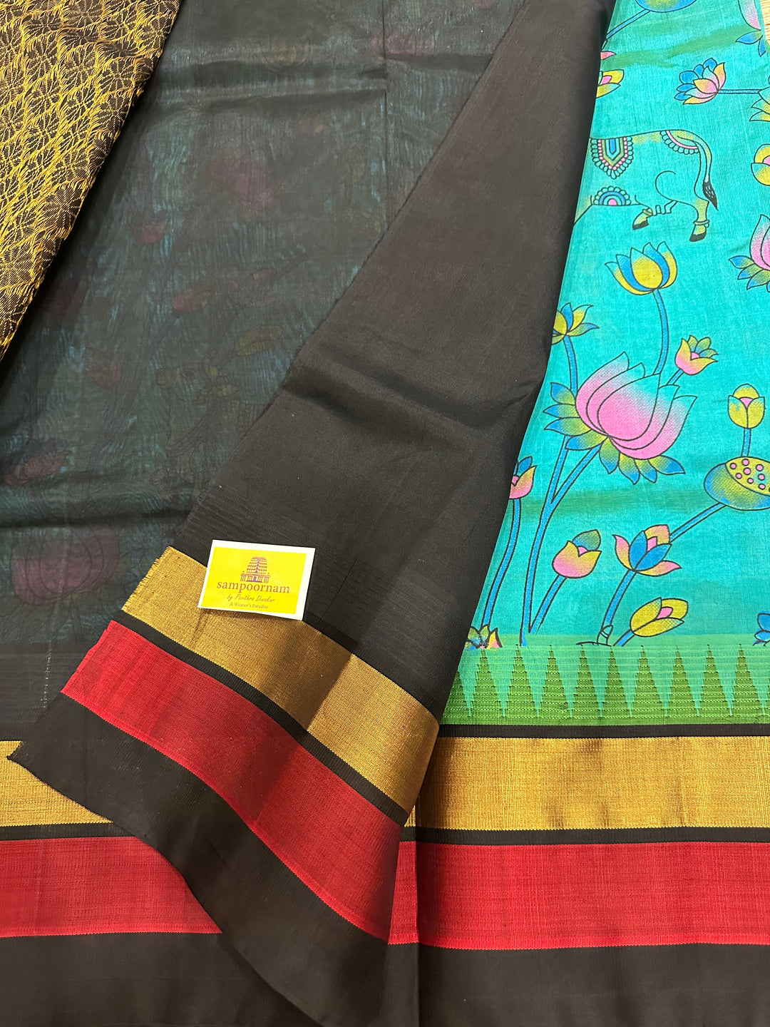 Ramar Blue Triple Border Gold Red Black Pichwai Printed Korvai Silk Cotton Saree