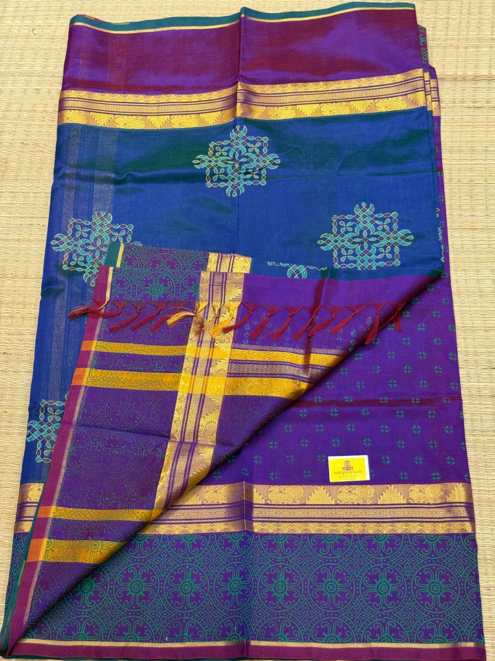 Mayilkazuthu Colour with Purple Traditional Border and Pallu , Kolam Handblock Printed Silk Cotton Saree