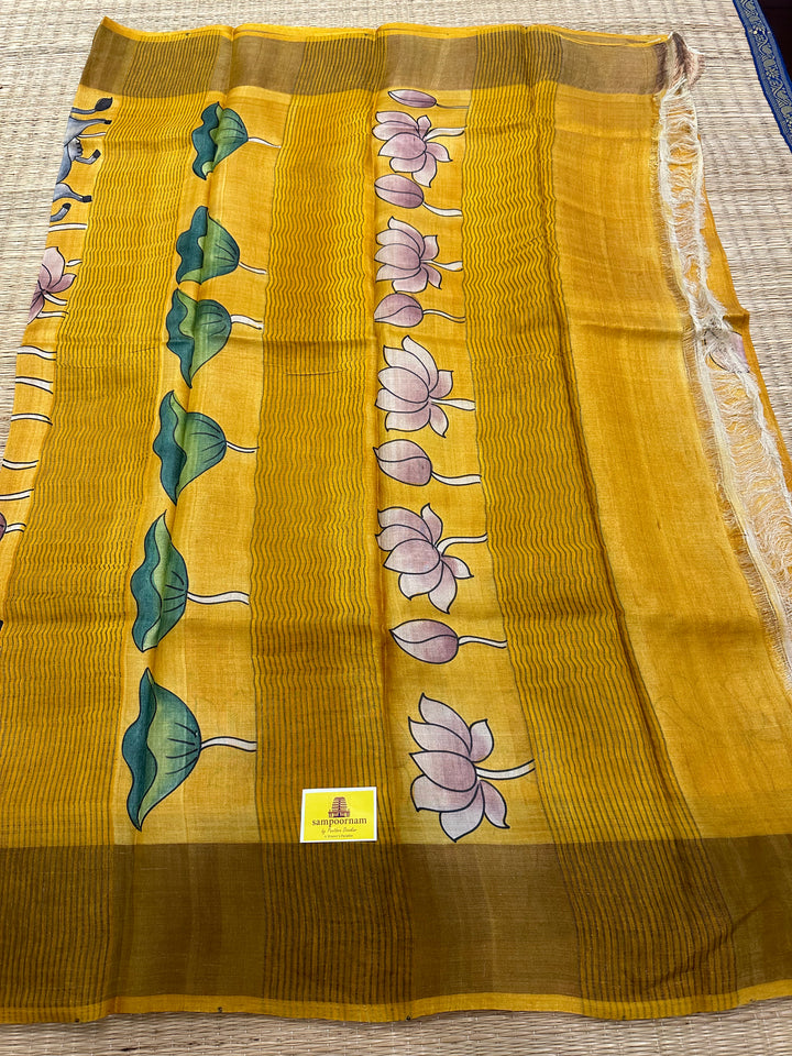 Mustard Colour Saree with Pichwai Lotus Motifs in Body , Pichwai Cow and Lord Krish Painting in Pallu,  Handpainted Pure Tussar Silk Saree