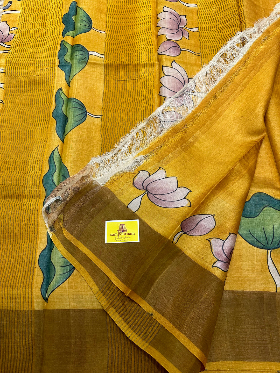 Mustard Colour Saree with Pichwai Lotus Motifs in Body , Pichwai Cow and Lord Krish Painting in Pallu,  Handpainted Pure Tussar Silk Saree