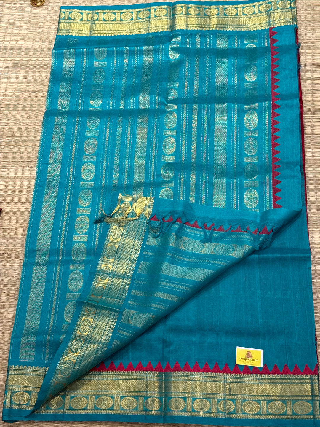 Red with Turquoise Blue Traditional Border and Rich Pallu ,Border Annam and Elephant Printed Silk Cotton Saree