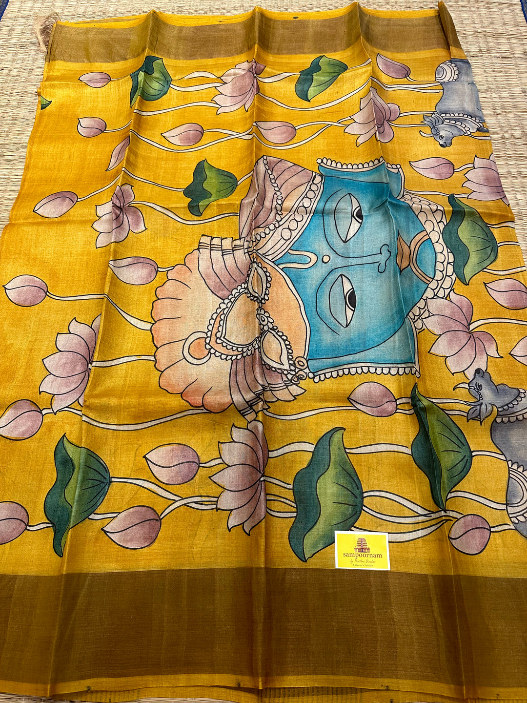 Mustard Colour Saree with Pichwai Lotus Motifs in Body , Pichwai Cow and Lord Krish Painting in Pallu,  Handpainted Pure Tussar Silk Saree