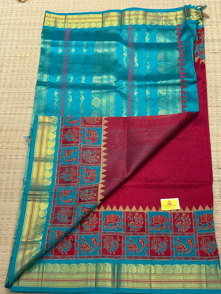 Red with Turquoise Blue, Traditional Border and Rich Pallu ,Annam and Elephant Handblock Printed Borders, Korvai Silk Cotton Saree
