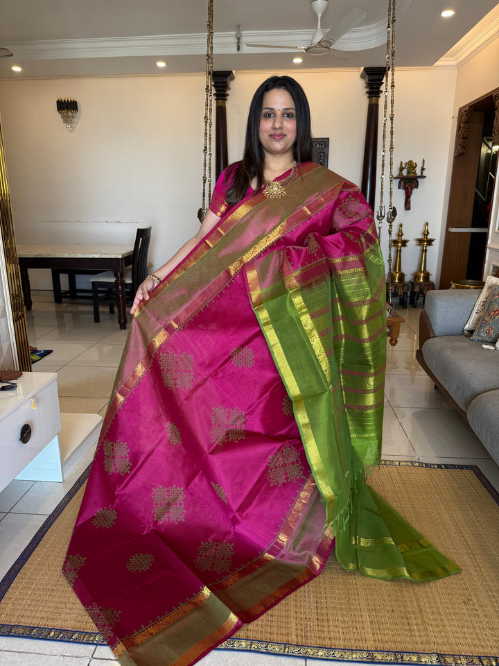 Magenta with Green Traditional Border and Pallu ,Kolam Handblock Printed Silk Cotton Saree