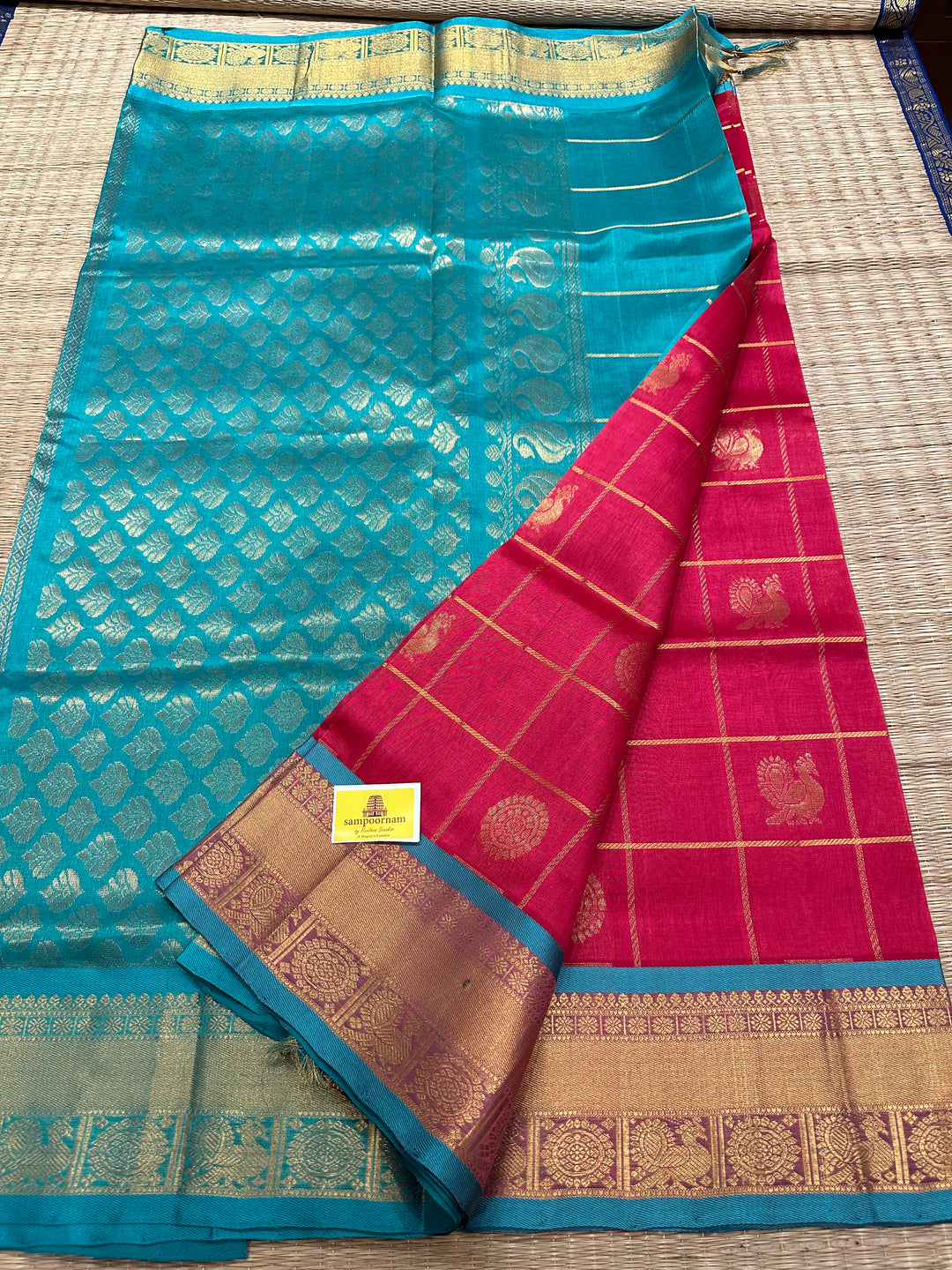 Lotus Pink with Turquoise Blue Mayil Chakram Silk Cotton Saree